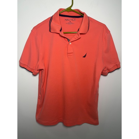 Nautica Other - Nautica Mens Coral Pink Short Sleeve Cotton Polo Shirt Navy Tipping Size M
